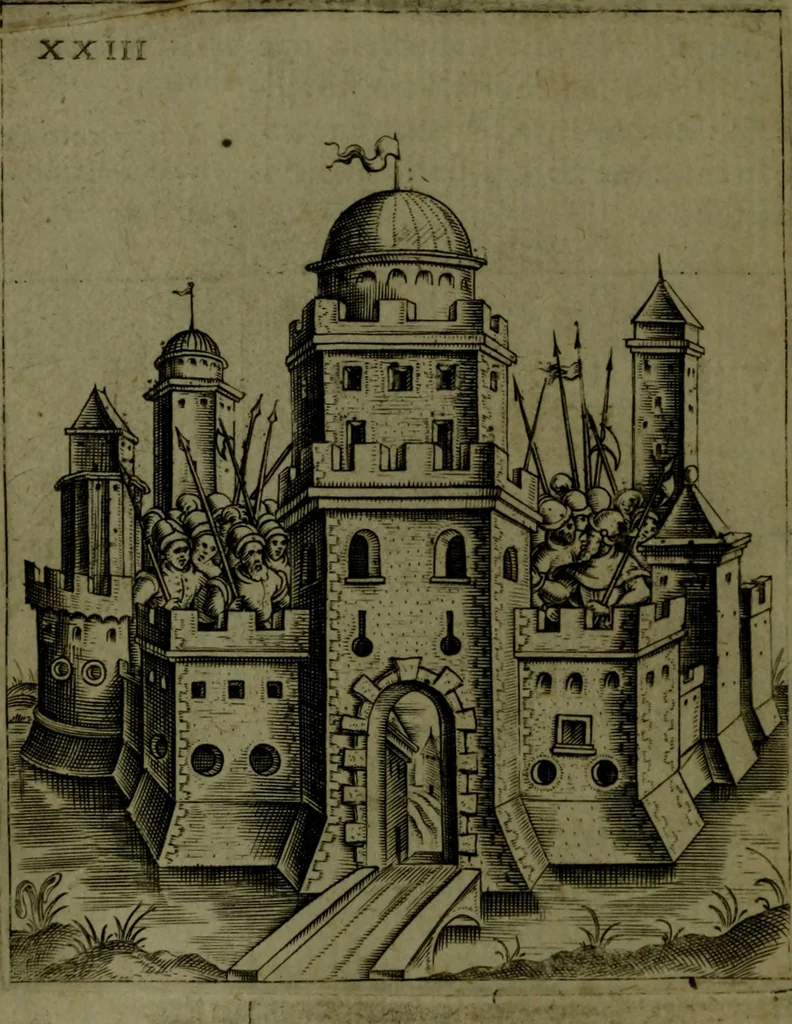 An illustration from Vaticinia, sive, Prophetiae Abbatis Ioachimi, [and] Anselmi Episcopi Marsicani; cum imaginibus aere incisis, correctione, et pulcritudine, plurium manuscriptorum exemplari ope, et variar imagin tabulis, et delineationibù, aliis antehac impressis longè praestantiora; quibus Rota, et Oraculum Turcicum maxime considerationis adiecta sunt; una cum praefatione et adnotationibus Paschalini Regiselmi, 1600, leaf 83