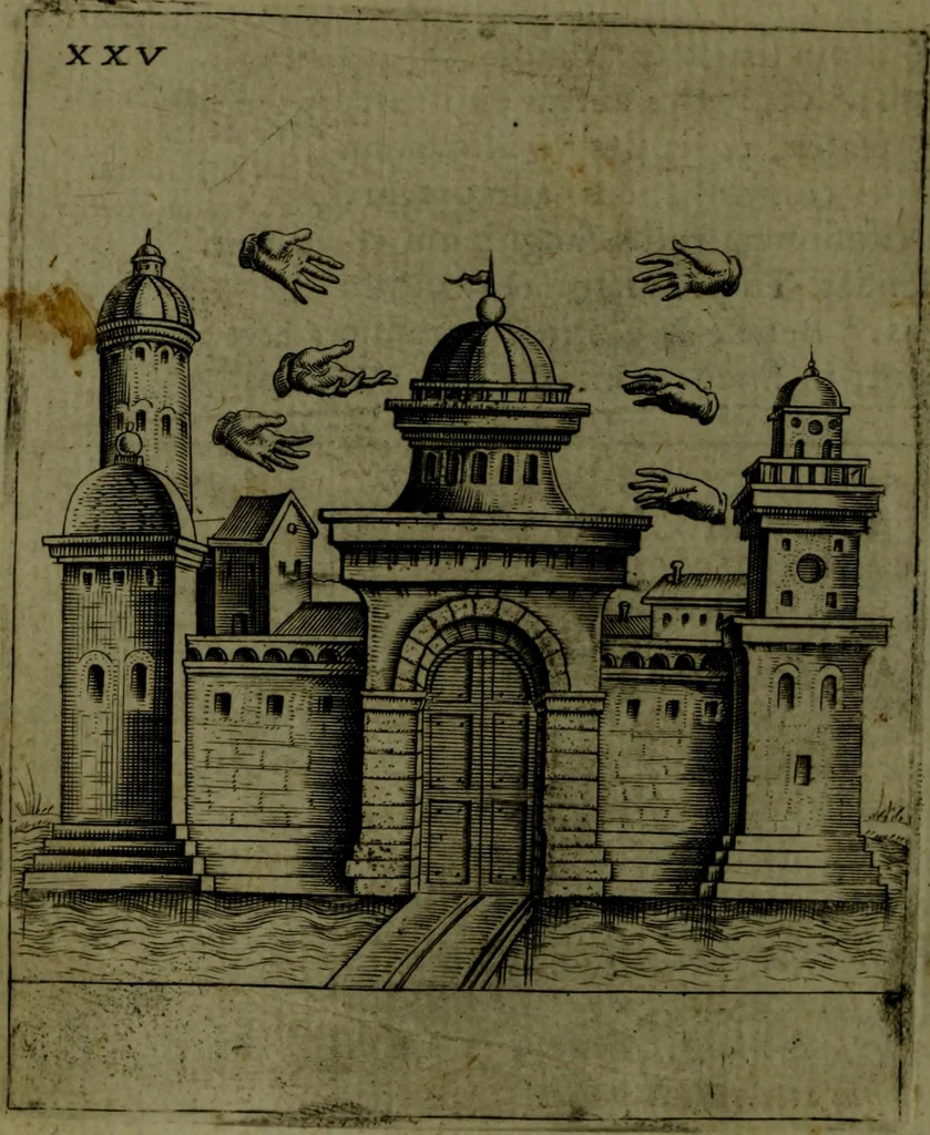 An illustration from Vaticinia, sive, Prophetiae Abbatis Ioachimi, [and] Anselmi Episcopi Marsicani; cum imaginibus aere incisis, correctione, et pulcritudine, plurium manuscriptorum exemplari ope, et variar imagin tabulis, et delineationibù, aliis antehac impressis longè praestantiora; quibus Rota, et Oraculum Turcicum maxime considerationis adiecta sunt; una cum praefatione et adnotationibus Paschalini Regiselmi, 1600, leaf 87