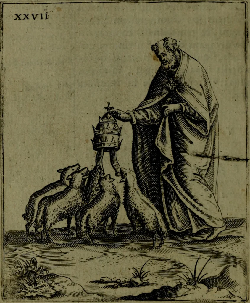 An illustration from Vaticinia, sive, Prophetiae Abbatis Ioachimi, [and] Anselmi Episcopi Marsicani; cum imaginibus aere incisis, correctione, et pulcritudine, plurium manuscriptorum exemplari ope, et variar imagin tabulis, et delineationibù, aliis antehac impressis longè praestantiora; quibus Rota, et Oraculum Turcicum maxime considerationis adiecta sunt; una cum praefatione et adnotationibus Paschalini Regiselmi, 1600, leaf 91