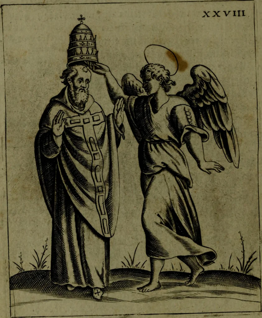 An illustration from Vaticinia, sive, Prophetiae Abbatis Ioachimi, [and] Anselmi Episcopi Marsicani; cum imaginibus aere incisis, correctione, et pulcritudine, plurium manuscriptorum exemplari ope, et variar imagin tabulis, et delineationibù, aliis antehac impressis longè praestantiora; quibus Rota, et Oraculum Turcicum maxime considerationis adiecta sunt; una cum praefatione et adnotationibus Paschalini Regiselmi, 1600, leaf 93