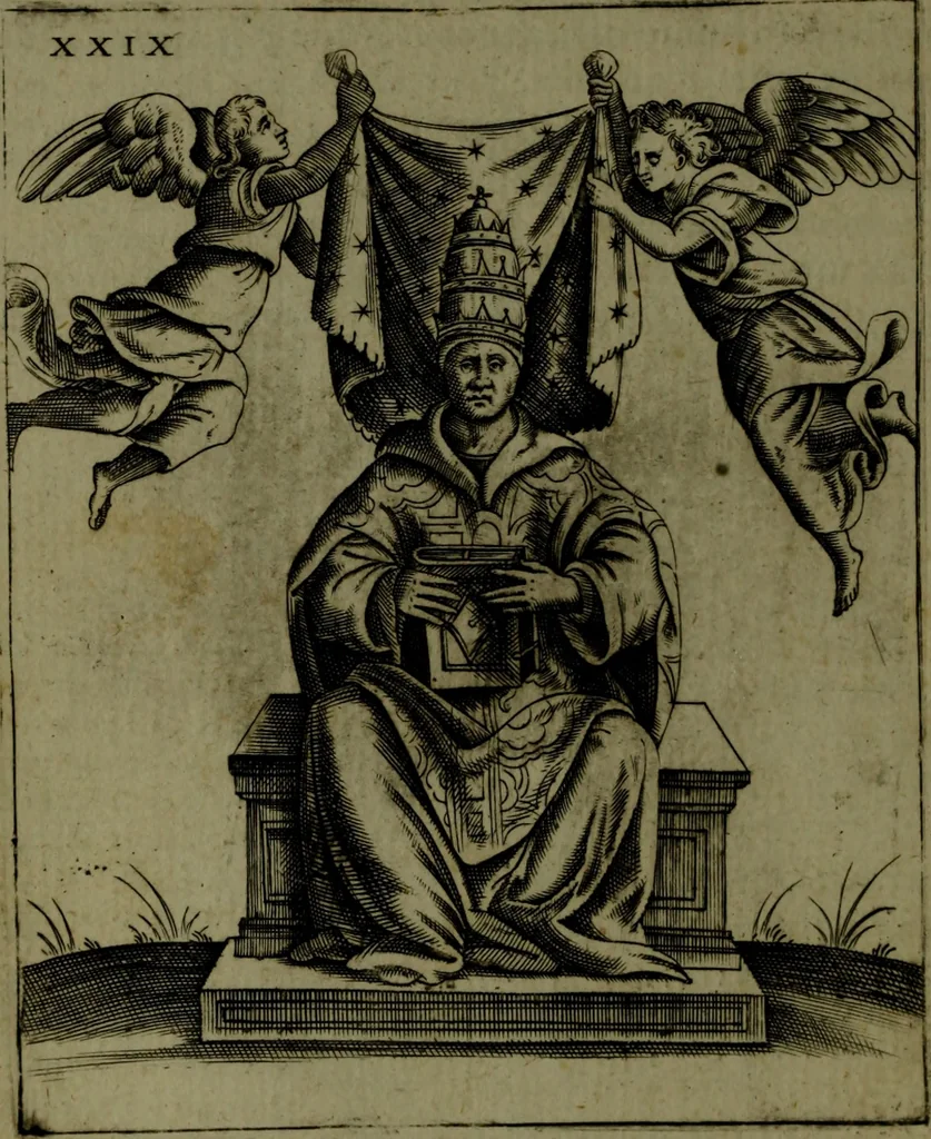 An illustration from Vaticinia, sive, Prophetiae Abbatis Ioachimi, [and] Anselmi Episcopi Marsicani; cum imaginibus aere incisis, correctione, et pulcritudine, plurium manuscriptorum exemplari ope, et variar imagin tabulis, et delineationibù, aliis antehac impressis longè praestantiora; quibus Rota, et Oraculum Turcicum maxime considerationis adiecta sunt; una cum praefatione et adnotationibus Paschalini Regiselmi, 1600, leaf 95