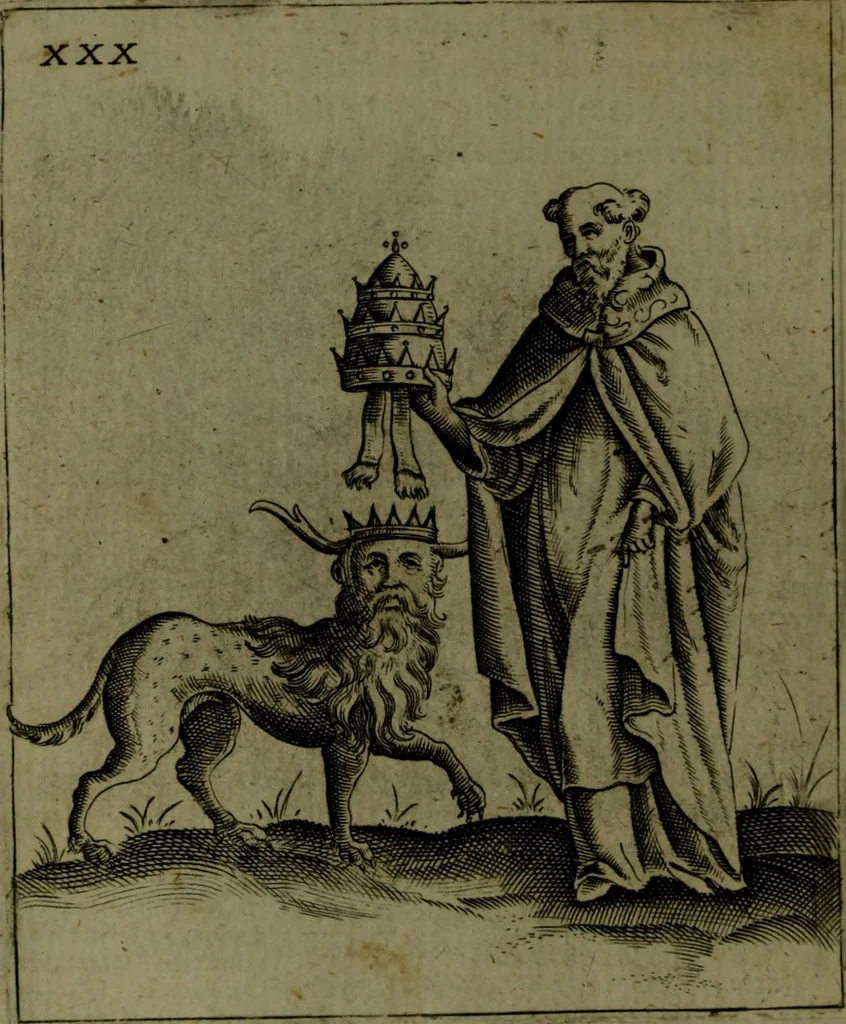 An illustration from Vaticinia, sive, Prophetiae Abbatis Ioachimi, [and] Anselmi Episcopi Marsicani; cum imaginibus aere incisis, correctione, et pulcritudine, plurium manuscriptorum exemplari ope, et variar imagin tabulis, et delineationibù, aliis antehac impressis longè praestantiora; quibus Rota, et Oraculum Turcicum maxime considerationis adiecta sunt; una cum praefatione et adnotationibus Paschalini Regiselmi, 1600, leaf 97