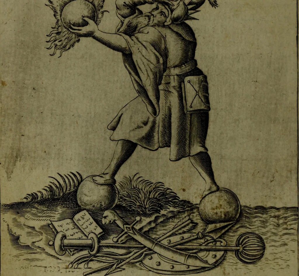 An illustration from Vaticinia, sive, Prophetiae Abbatis Ioachimi, [and] Anselmi Episcopi Marsicani; cum imaginibus aere incisis, correctione, et pulcritudine, plurium manuscriptorum exemplari ope, et variar imagin tabulis, et delineationibù, aliis antehac impressis longè praestantiora; quibus Rota, et Oraculum Turcicum maxime considerationis adiecta sunt; una cum praefatione et adnotationibus Paschalini Regiselmi, 1600, leaf 99