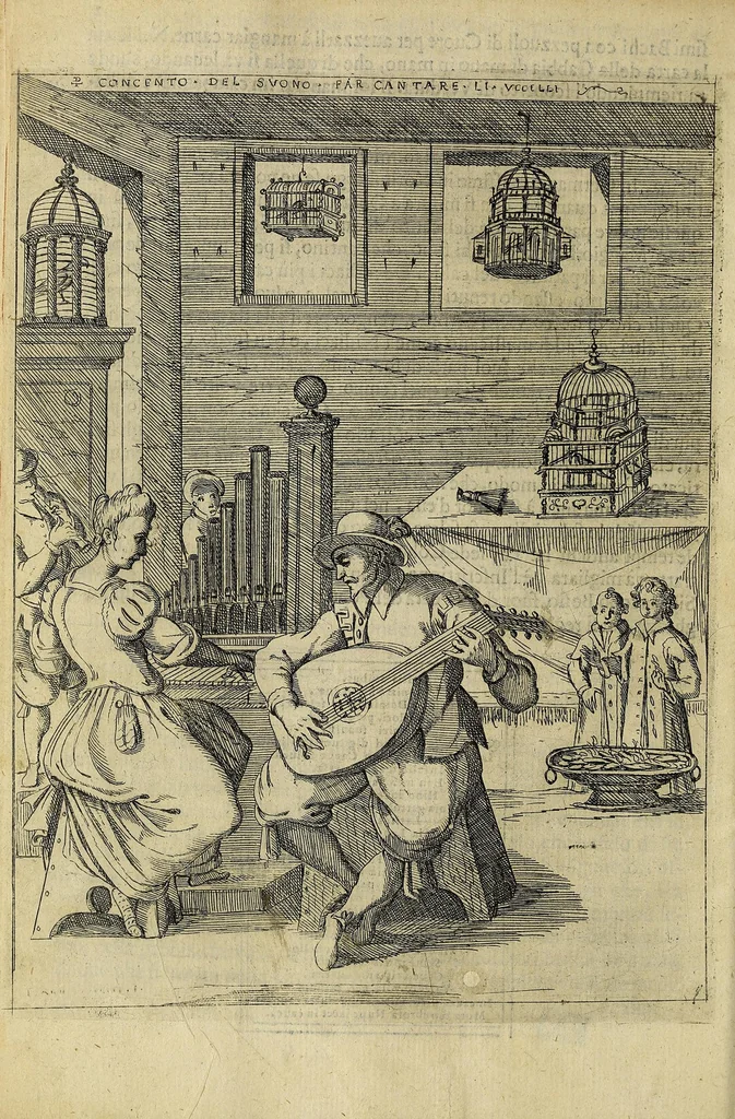 An illustration from Vccelliera, overo, Discorso della natvra, e proprieta di diversi vccelli : e in particolare di qve'che cantano : con il modo di prendergli, conoscergli, alleuargli, e mantenergli : e con le figure cauate dal vero, e diligentemente intagliate in rame dal Tempesta, e dal Villamena, 1622, leaf 18