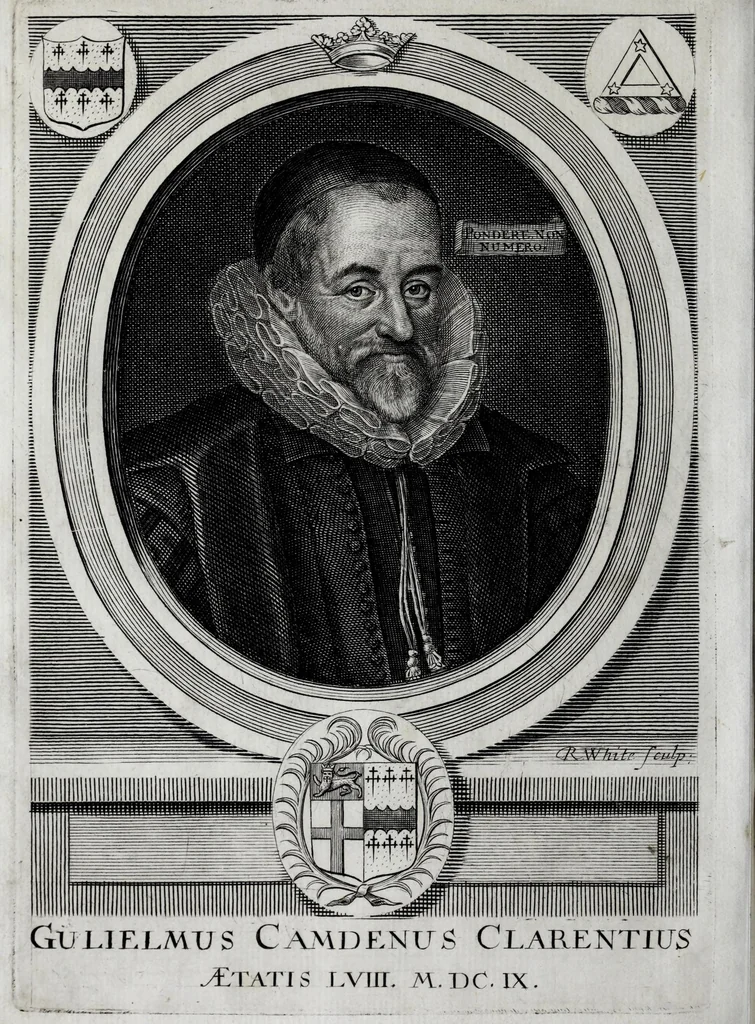 An illustration from V. cl. Gulielmi Camdeni, et illustrium virorum ad G. Camdenum Epistolae : cum appendice verii argumenti : accesserunt Annalium regni Regis Jacobi I. apparatus : et commentarius de antiquitate, dignitate, & officio comitis marescalli Angliae : praemittitur G. Camdeni vita, 1691, leaf 8
