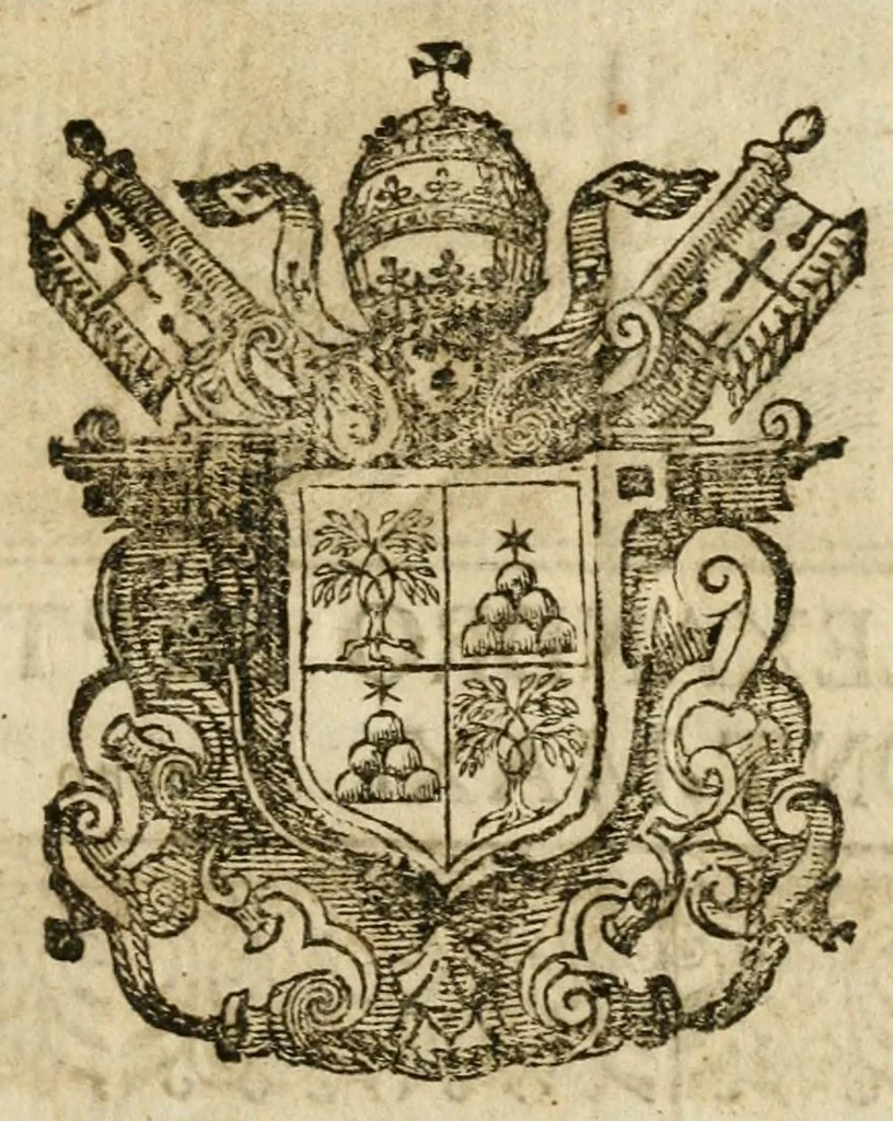An illustration from Vera et esattissima relatione del trionfal possesso della Santita di n. s. Alessandro VII. alla sacrosanta Basilica Lateranense, seguito li 9. maggio 1655 : con ragguaglio pieno delli apparati, inscrittioni, et ceremonie fatte nella detta Basilica, e nomi della maggior parte de' signori titolati, che iui interuennero, 1655, leaf 9