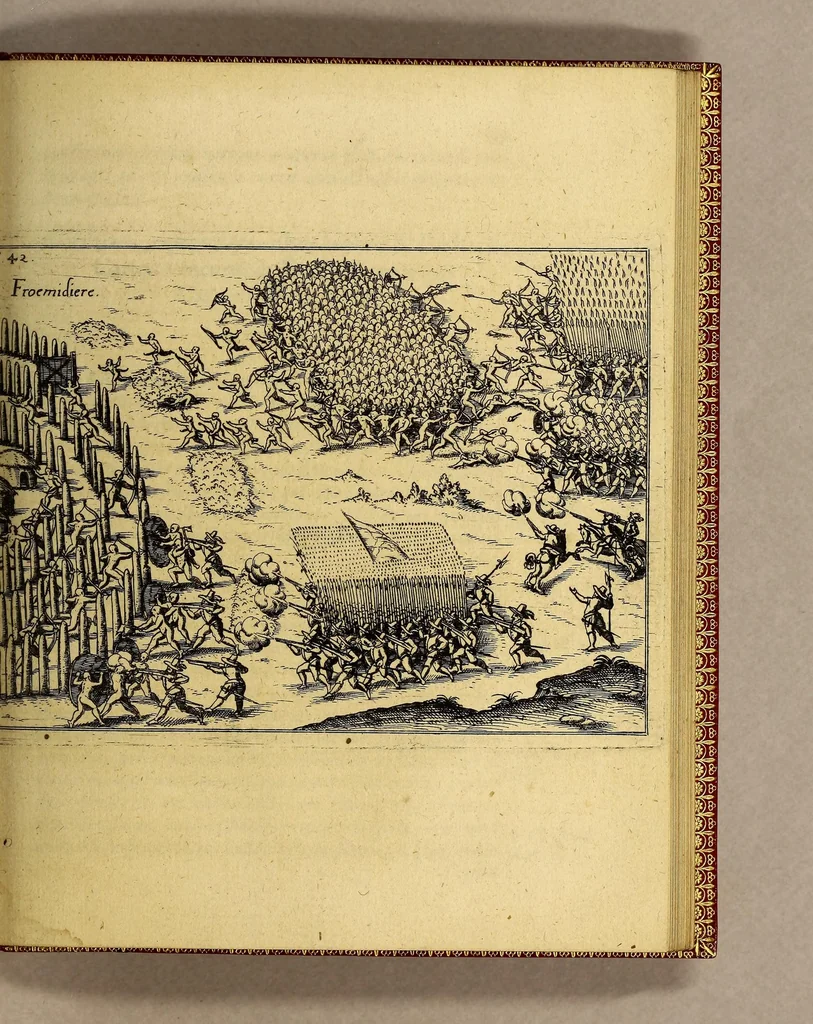 An illustration from Vera historia, admirandae cuiusdam nauigationis, quam Huldericus Schmidel, Straubingensis, ab anno 1534. usque ad annum 1554. in Americam vel nouum mundum, iuxta Brasiliam & Rio della Plata, confecit. : Quid per hosce annos 19. sustinuerit, quam varias & quam mirandas regiones ac homines viderit. Ab ipso Schmidelio Germanice, descripta: nunc vero, emandatis & correctis vrbium, regionum & fluminum nominibus, adiecta etiam tabula geographica, figuris, & alijs notationibus quibusdam, in hac forma reducta, 1599, leaf 103