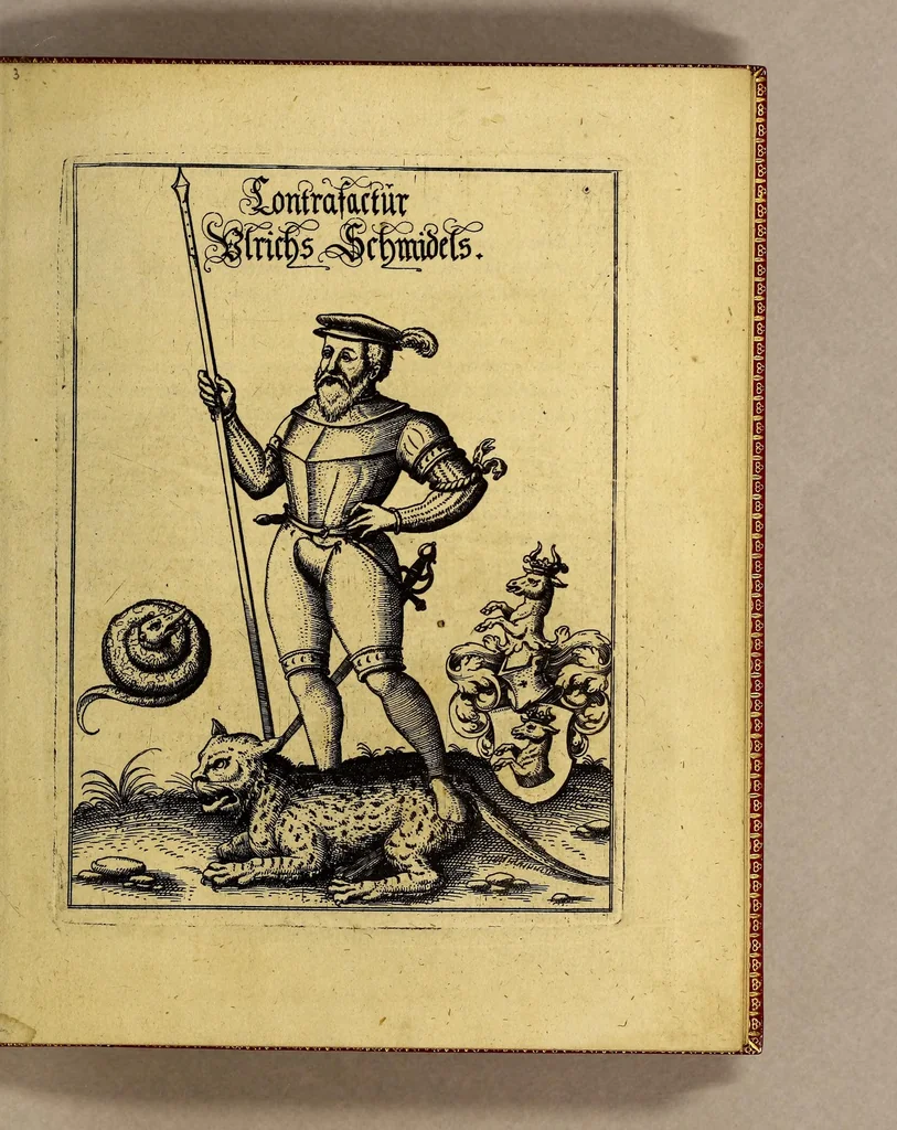 An illustration from Vera historia, admirandae cuiusdam nauigationis, quam Huldericus Schmidel, Straubingensis, ab anno 1534. usque ad annum 1554. in Americam vel nouum mundum, iuxta Brasiliam & Rio della Plata, confecit. : Quid per hosce annos 19. sustinuerit, quam varias & quam mirandas regiones ac homines viderit. Ab ipso Schmidelio Germanice, descripta: nunc vero, emandatis & correctis vrbium, regionum & fluminum nominibus, adiecta etiam tabula geographica, figuris, & alijs notationibus quibusdam, in hac forma reducta, 1599, leaf 11