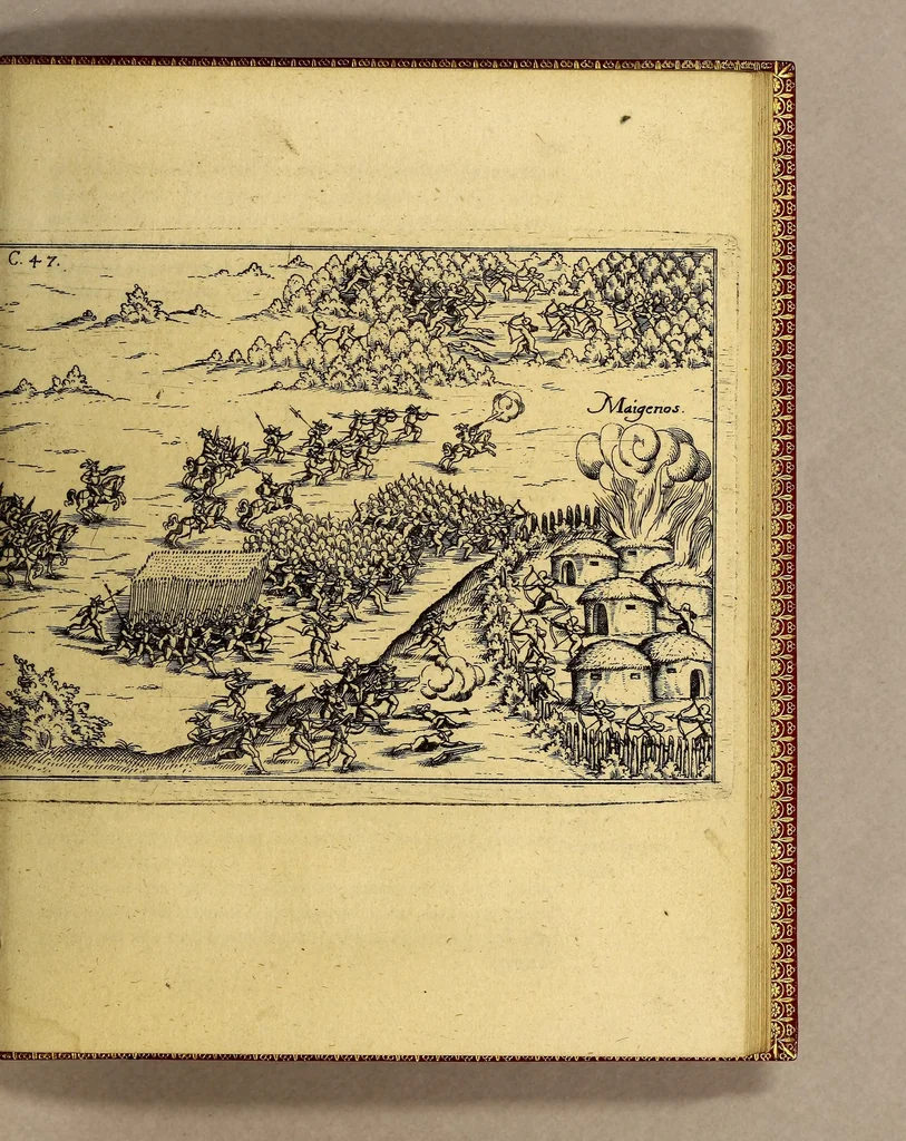 An illustration from Vera historia, admirandae cuiusdam nauigationis, quam Huldericus Schmidel, Straubingensis, ab anno 1534. usque ad annum 1554. in Americam vel nouum mundum, iuxta Brasiliam & Rio della Plata, confecit. : Quid per hosce annos 19. sustinuerit, quam varias & quam mirandas regiones ac homines viderit. Ab ipso Schmidelio Germanice, descripta: nunc vero, emandatis & correctis vrbium, regionum & fluminum nominibus, adiecta etiam tabula geographica, figuris, & alijs notationibus quibusdam, in hac forma reducta, 1599, leaf 123
