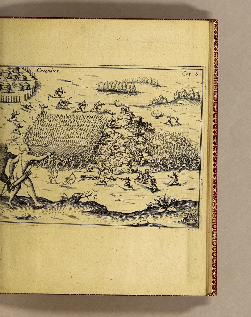 An illustration from Vera historia, admirandae cuiusdam nauigationis, quam Huldericus Schmidel, Straubingensis, ab anno 1534. usque ad annum 1554. in Americam vel nouum mundum, iuxta Brasiliam & Rio della Plata, confecit. : Quid per hosce annos 19. sustinuerit, quam varias & quam mirandas regiones ac homines viderit. Ab ipso Schmidelio Germanice, descripta: nunc vero, emandatis & correctis vrbium, regionum & fluminum nominibus, adiecta etiam tabula geographica, figuris, & alijs notationibus quibusdam, in hac forma reducta, 1599, leaf 31