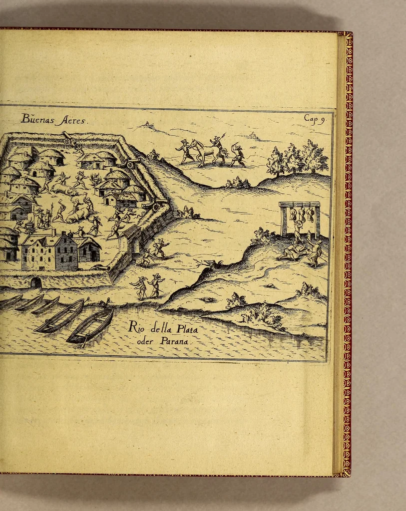 An illustration from Vera historia, admirandae cuiusdam nauigationis, quam Huldericus Schmidel, Straubingensis, ab anno 1534. usque ad annum 1554. in Americam vel nouum mundum, iuxta Brasiliam & Rio della Plata, confecit. : Quid per hosce annos 19. sustinuerit, quam varias & quam mirandas regiones ac homines viderit. Ab ipso Schmidelio Germanice, descripta: nunc vero, emandatis & correctis vrbium, regionum & fluminum nominibus, adiecta etiam tabula geographica, figuris, & alijs notationibus quibusdam, in hac forma reducta, 1599, leaf 33