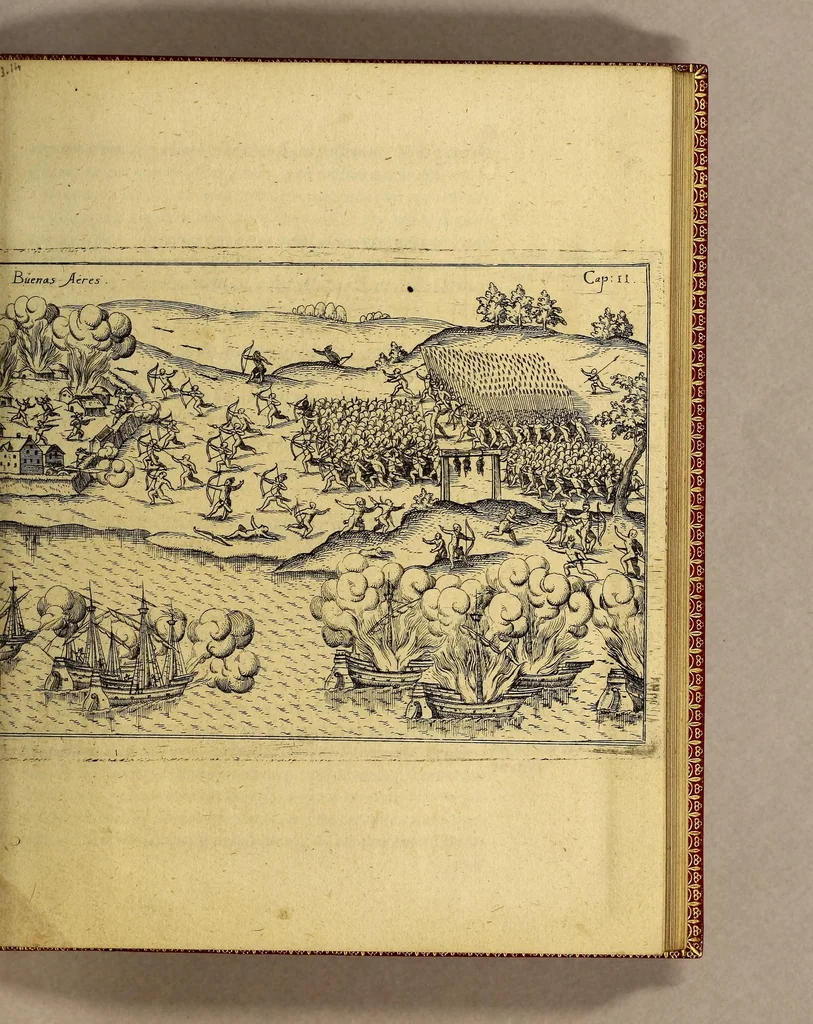 An illustration from Vera historia, admirandae cuiusdam nauigationis, quam Huldericus Schmidel, Straubingensis, ab anno 1534. usque ad annum 1554. in Americam vel nouum mundum, iuxta Brasiliam & Rio della Plata, confecit. : Quid per hosce annos 19. sustinuerit, quam varias & quam mirandas regiones ac homines viderit. Ab ipso Schmidelio Germanice, descripta: nunc vero, emandatis & correctis vrbium, regionum & fluminum nominibus, adiecta etiam tabula geographica, figuris, & alijs notationibus quibusdam, in hac forma reducta, 1599, leaf 37