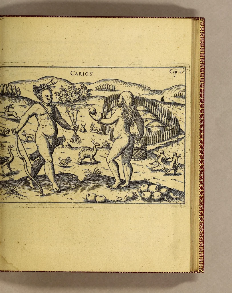 An illustration from Vera historia, admirandae cuiusdam nauigationis, quam Huldericus Schmidel, Straubingensis, ab anno 1534. usque ad annum 1554. in Americam vel nouum mundum, iuxta Brasiliam & Rio della Plata, confecit. : Quid per hosce annos 19. sustinuerit, quam varias & quam mirandas regiones ac homines viderit. Ab ipso Schmidelio Germanice, descripta: nunc vero, emandatis & correctis vrbium, regionum & fluminum nominibus, adiecta etiam tabula geographica, figuris, & alijs notationibus quibusdam, in hac forma reducta, 1599, leaf 53