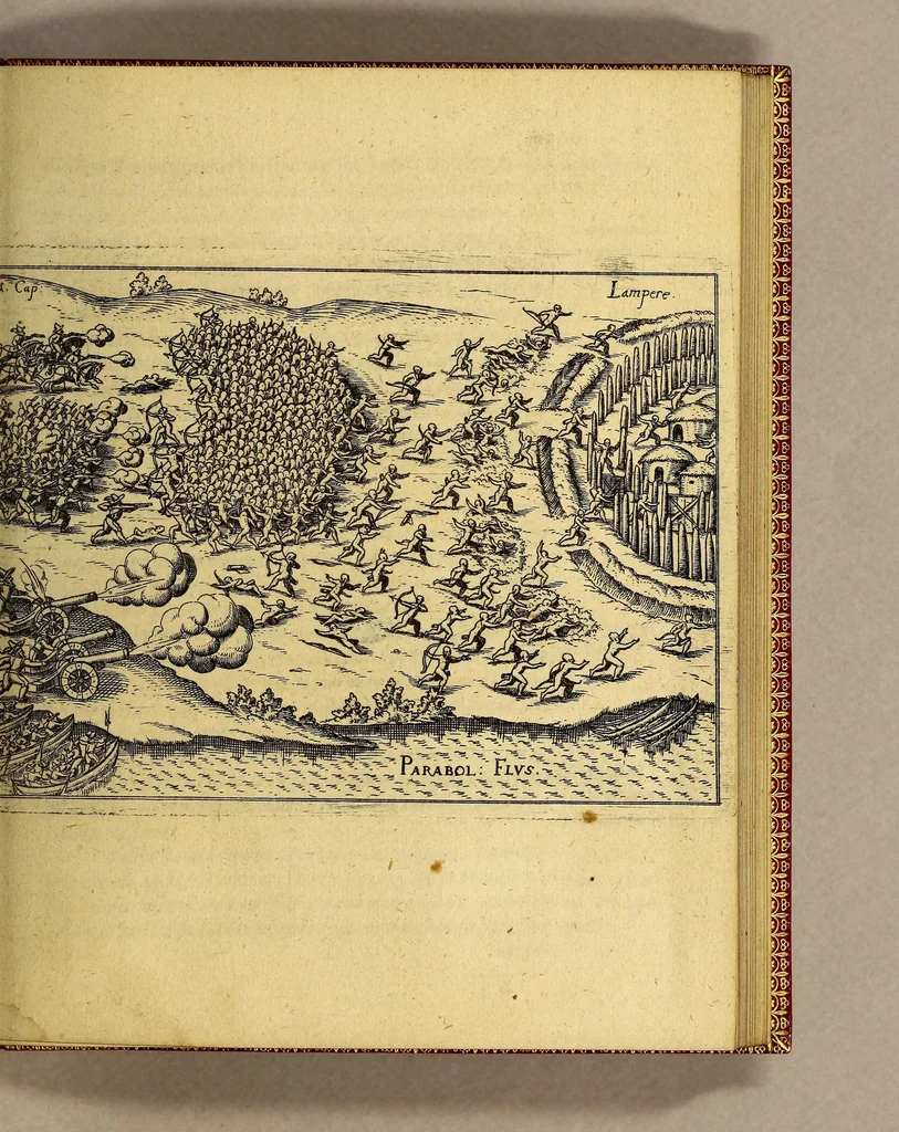 An illustration from Vera historia, admirandae cuiusdam nauigationis, quam Huldericus Schmidel, Straubingensis, ab anno 1534. usque ad annum 1554. in Americam vel nouum mundum, iuxta Brasiliam & Rio della Plata, confecit. : Quid per hosce annos 19. sustinuerit, quam varias & quam mirandas regiones ac homines viderit. Ab ipso Schmidelio Germanice, descripta: nunc vero, emandatis & correctis vrbium, regionum & fluminum nominibus, adiecta etiam tabula geographica, figuris, & alijs notationibus quibusdam, in hac forma reducta, 1599, leaf 57
