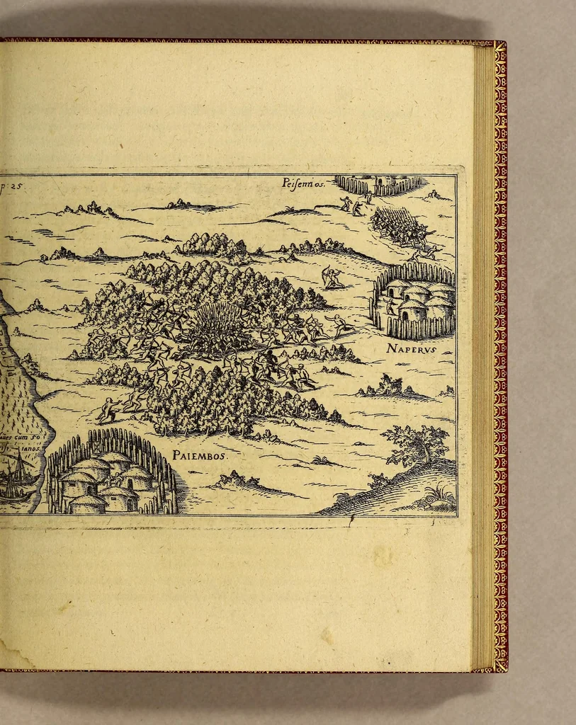 An illustration from Vera historia, admirandae cuiusdam nauigationis, quam Huldericus Schmidel, Straubingensis, ab anno 1534. usque ad annum 1554. in Americam vel nouum mundum, iuxta Brasiliam & Rio della Plata, confecit. : Quid per hosce annos 19. sustinuerit, quam varias & quam mirandas regiones ac homines viderit. Ab ipso Schmidelio Germanice, descripta: nunc vero, emandatis & correctis vrbium, regionum & fluminum nominibus, adiecta etiam tabula geographica, figuris, & alijs notationibus quibusdam, in hac forma reducta, 1599, leaf 65