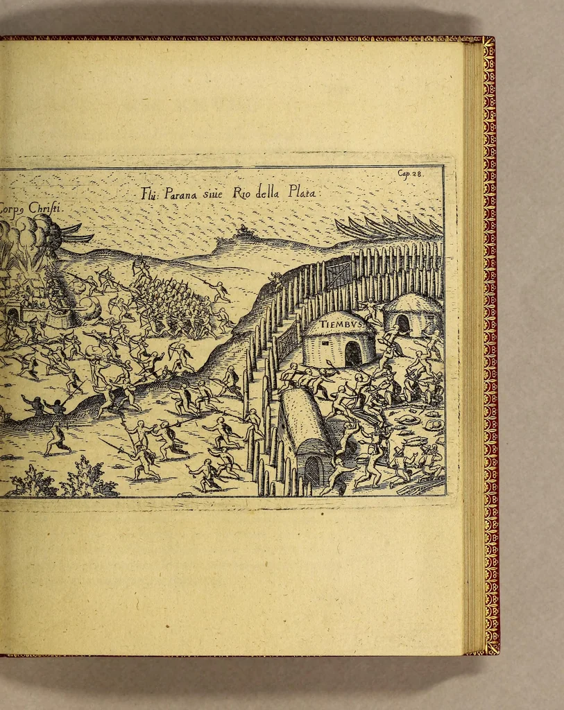 An illustration from Vera historia, admirandae cuiusdam nauigationis, quam Huldericus Schmidel, Straubingensis, ab anno 1534. usque ad annum 1554. in Americam vel nouum mundum, iuxta Brasiliam & Rio della Plata, confecit. : Quid per hosce annos 19. sustinuerit, quam varias & quam mirandas regiones ac homines viderit. Ab ipso Schmidelio Germanice, descripta: nunc vero, emandatis & correctis vrbium, regionum & fluminum nominibus, adiecta etiam tabula geographica, figuris, & alijs notationibus quibusdam, in hac forma reducta, 1599, leaf 71