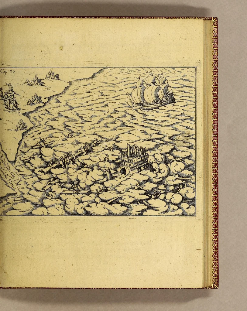 An illustration from Vera historia, admirandae cuiusdam nauigationis, quam Huldericus Schmidel, Straubingensis, ab anno 1534. usque ad annum 1554. in Americam vel nouum mundum, iuxta Brasiliam & Rio della Plata, confecit. : Quid per hosce annos 19. sustinuerit, quam varias & quam mirandas regiones ac homines viderit. Ab ipso Schmidelio Germanice, descripta: nunc vero, emandatis & correctis vrbium, regionum & fluminum nominibus, adiecta etiam tabula geographica, figuris, & alijs notationibus quibusdam, in hac forma reducta, 1599, leaf 77