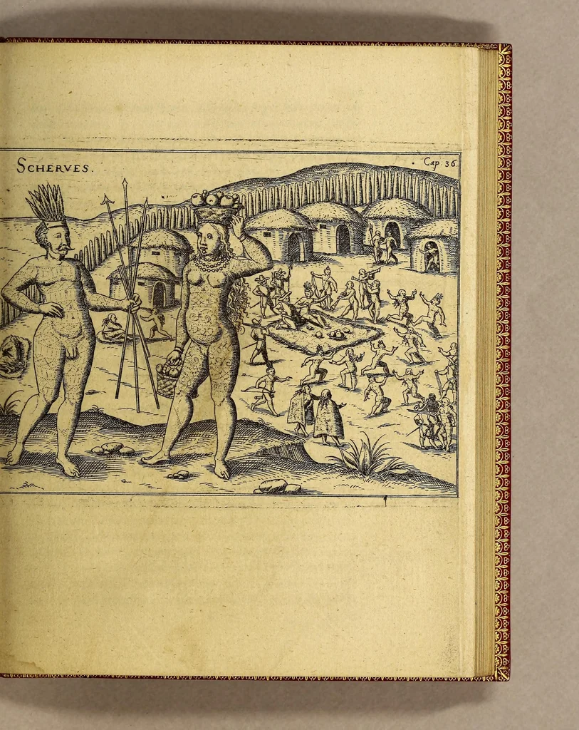 An illustration from Vera historia, admirandae cuiusdam nauigationis, quam Huldericus Schmidel, Straubingensis, ab anno 1534. usque ad annum 1554. in Americam vel nouum mundum, iuxta Brasiliam & Rio della Plata, confecit. : Quid per hosce annos 19. sustinuerit, quam varias & quam mirandas regiones ac homines viderit. Ab ipso Schmidelio Germanice, descripta: nunc vero, emandatis & correctis vrbium, regionum & fluminum nominibus, adiecta etiam tabula geographica, figuris, & alijs notationibus quibusdam, in hac forma reducta, 1599, leaf 89