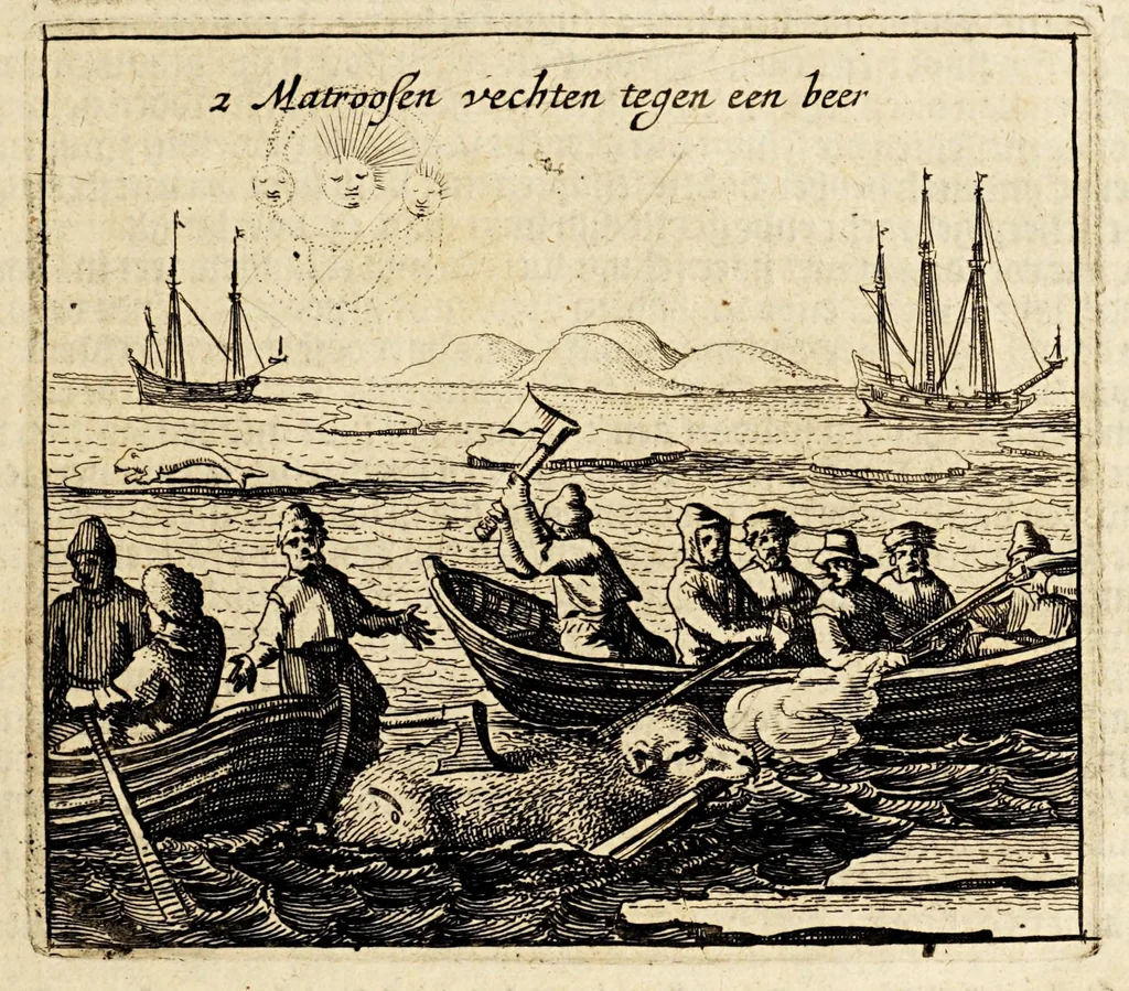 An illustration from Verhael van de eerste schip-vaert der Hollandische ende Zeeusche schepen, door't Way-Gat, by Noorden Noorweghen, Moscovien ende Tartarien om, na de coninckrijcken Cathay ende China. Met drie schepen, uyt Texel ghezeylt. : Hier achter is by-ghevoeght de beschrijvinghe van de landen Siberia, Samoyeda, ende Tingœsa. ., 1650, leaf 21