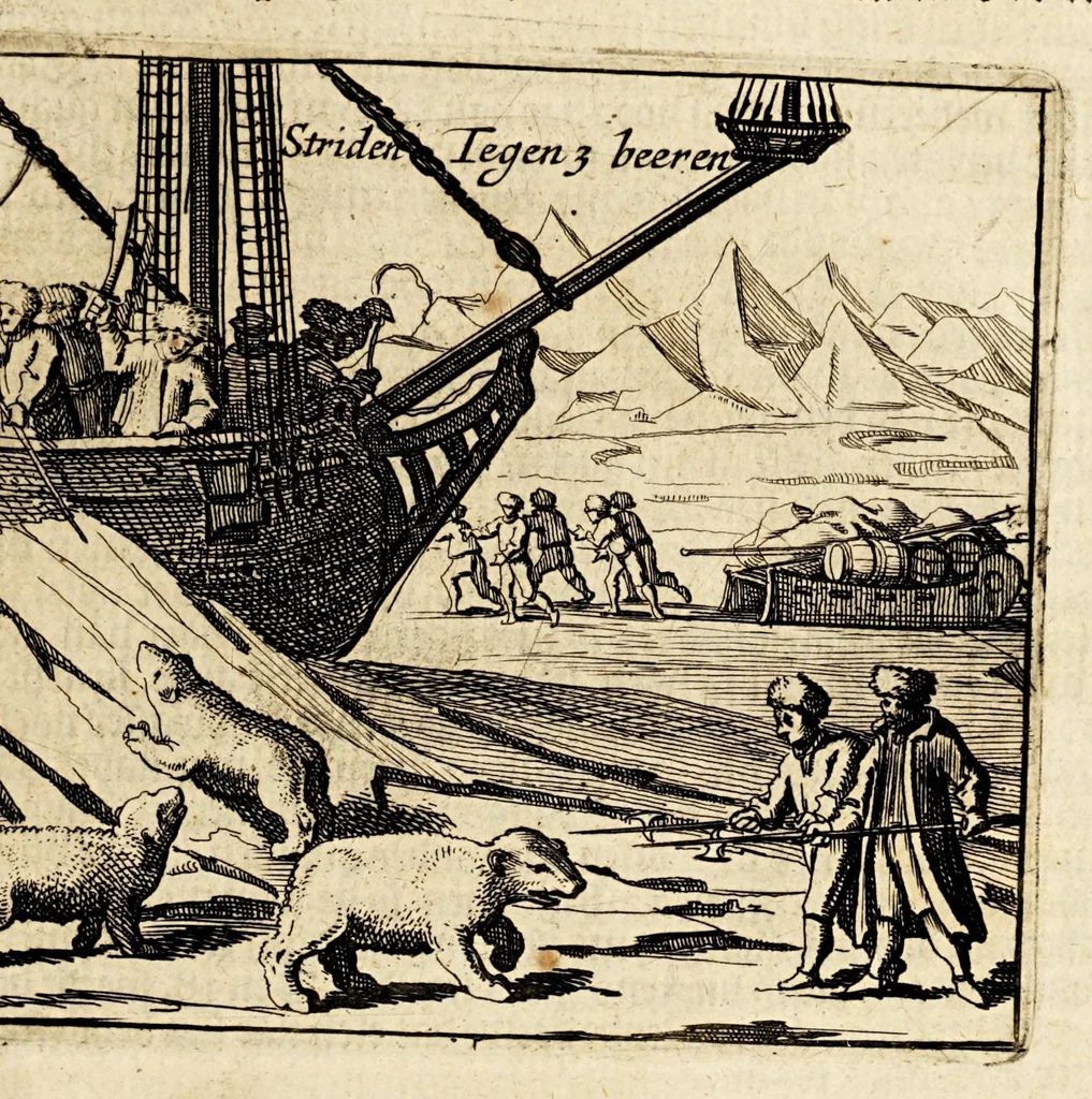 An illustration from Verhael van de eerste schip-vaert der Hollandische ende Zeeusche schepen, door't Way-Gat, by Noorden Noorweghen, Moscovien ende Tartarien om, na de coninckrijcken Cathay ende China. Met drie schepen, uyt Texel ghezeylt. : Hier achter is by-ghevoeght de beschrijvinghe van de landen Siberia, Samoyeda, ende Tingœsa. ., 1650, leaf 33
