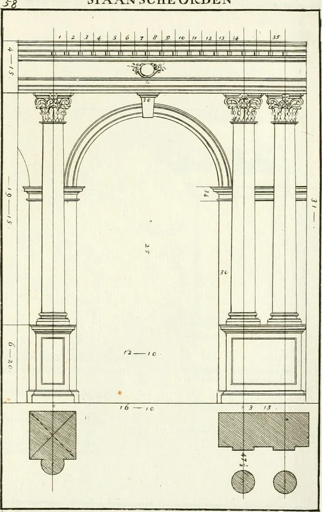An illustration from Verhandeling over de bouwkunde : met de noodige aanmerkingen en waarneemingen, 1781, leaf 120
