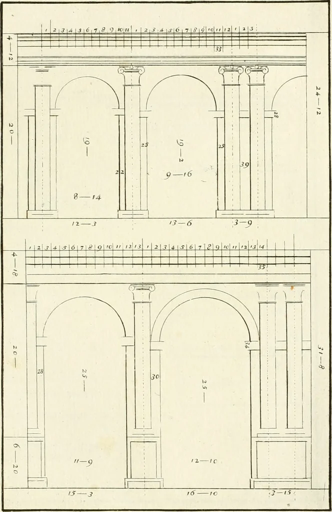 An illustration from Verhandeling over de bouwkunde : met de noodige aanmerkingen en waarneemingen, 1781, leaf 204