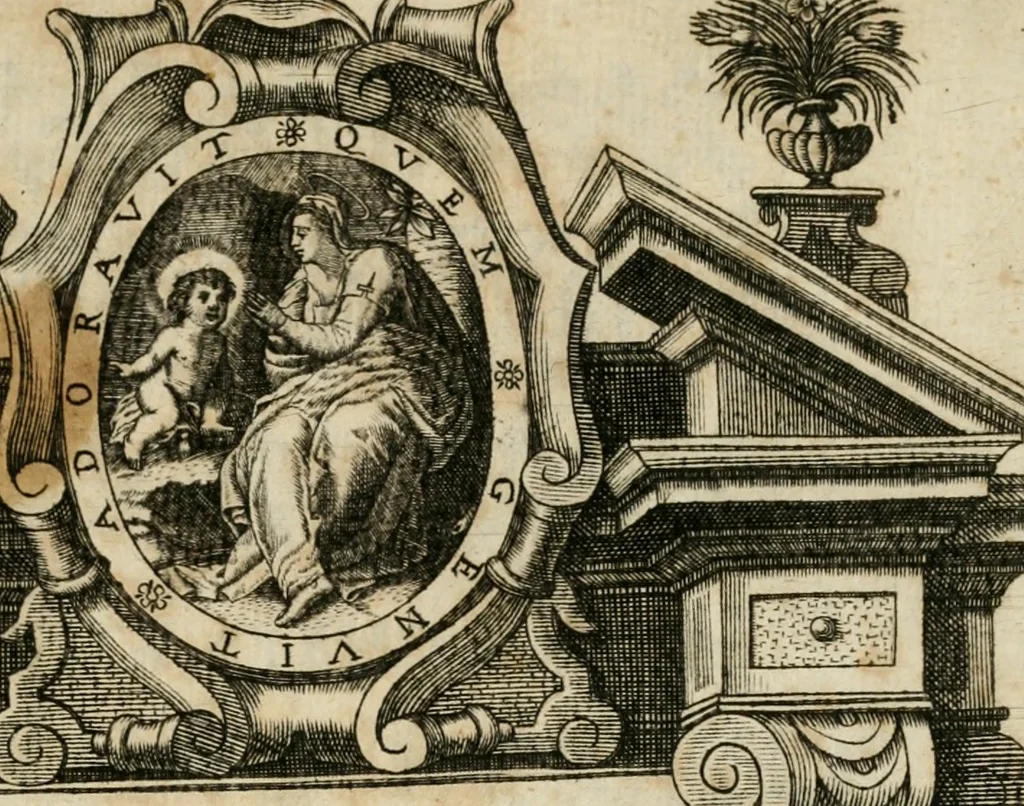 An illustration from Veridico racconto dell' origine, progressi e miracoli della Madonna di Reggio : con la descrittione d'alcune solennità, e del tempio : dichiarandosi le di lui pitture e sculture, e nominandosi gl' autori di quelle, 1666, leaf 4