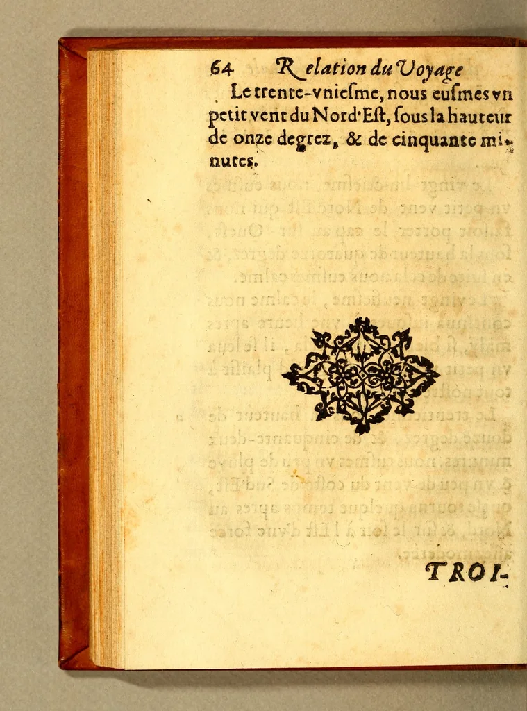 An illustration from Veritable relation de tout ce qui s'est fait et passé au voyage que Monsieur de Bretigny fit à l'Amerique Occidentale. : Auec vne description des murs, & des prouinces de tous les sauuages de cette grande partie du Cap de Nord: vn dictionnaire del a langue, & vn aduis tres-necessaire à tous ceux qui veulent habiter ou faire habiter ce païs-là, ou qui desirent d'y establir des colonies., 1654, leaf 100