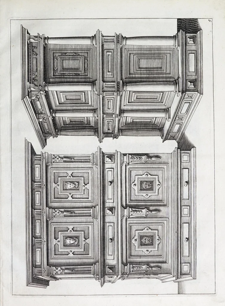 An illustration from Verscheyden schrynwerck, als portalen, kleerkassen, buffetten, ledikanten, tafels, kisten, stoelen, bancken, schabellen, hantdoex-rollen, glasborden en veel andre soorten van wercken, 1630, leaf 13