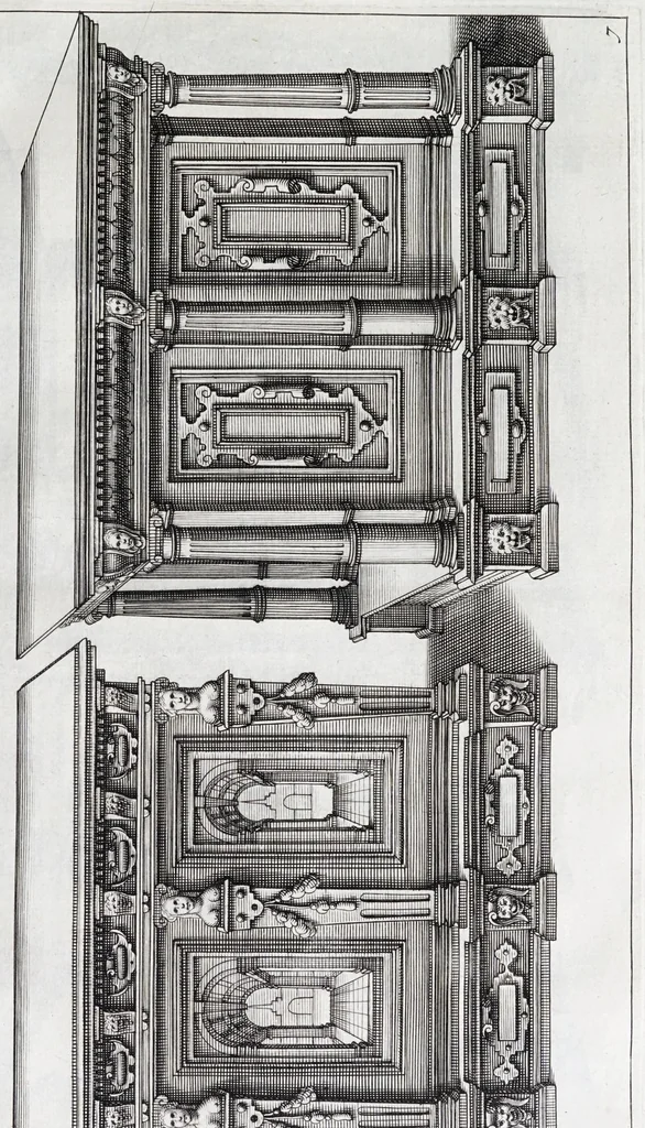 An illustration from Verscheyden schrynwerck, als portalen, kleerkassen, buffetten, ledikanten, tafels, kisten, stoelen, bancken, schabellen, hantdoex-rollen, glasborden en veel andre soorten van wercken, 1630, leaf 17
