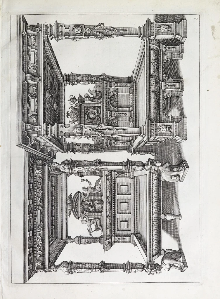 An illustration from Verscheyden schrynwerck, als portalen, kleerkassen, buffetten, ledikanten, tafels, kisten, stoelen, bancken, schabellen, hantdoex-rollen, glasborden en veel andre soorten van wercken, 1630, leaf 19