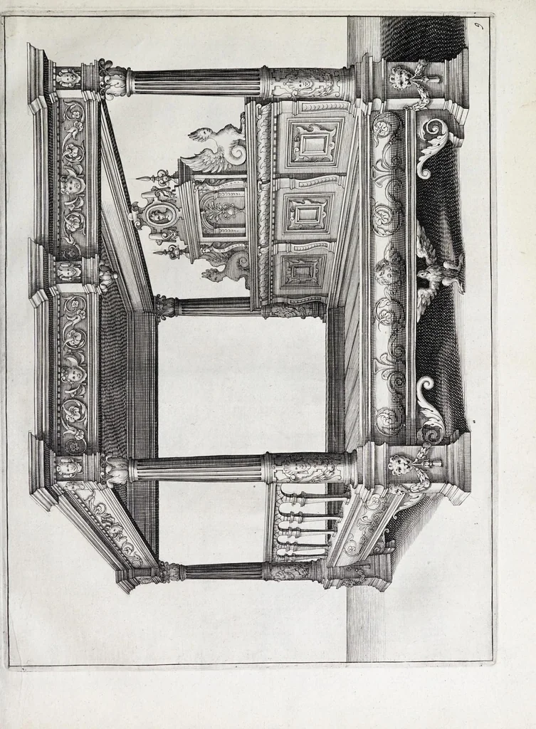 An illustration from Verscheyden schrynwerck, als portalen, kleerkassen, buffetten, ledikanten, tafels, kisten, stoelen, bancken, schabellen, hantdoex-rollen, glasborden en veel andre soorten van wercken, 1630, leaf 21
