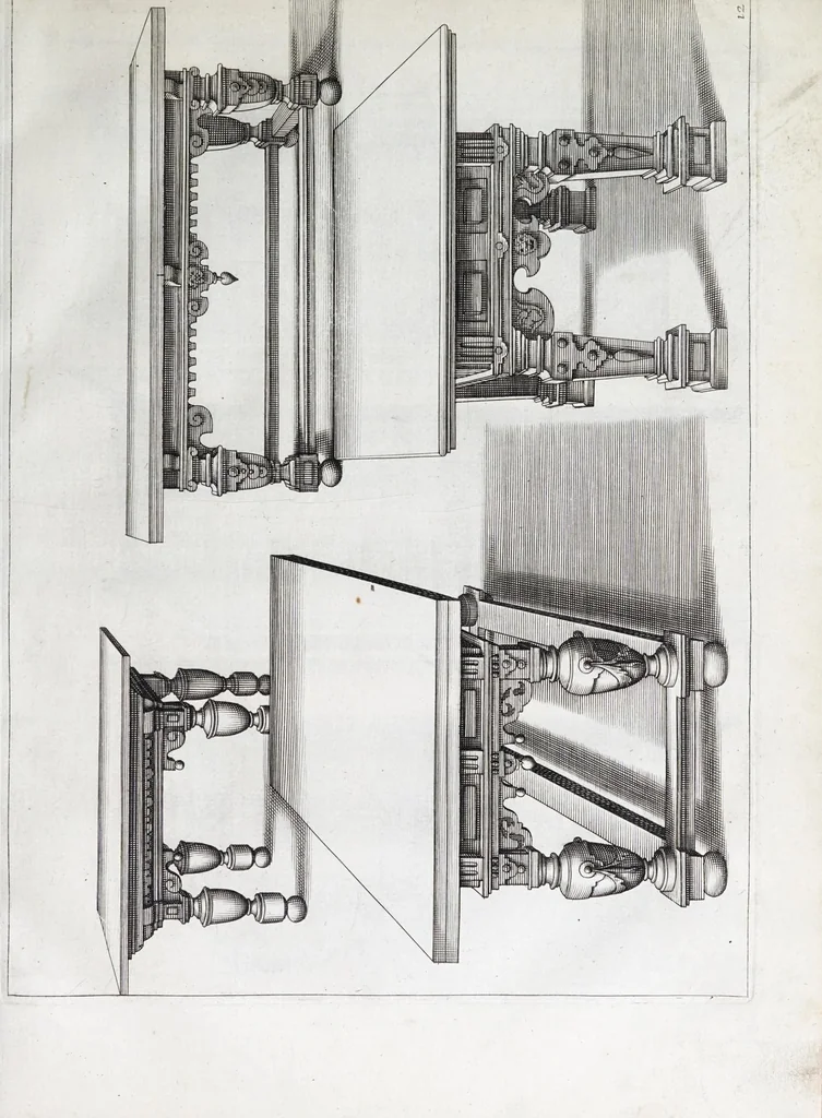 An illustration from Verscheyden schrynwerck, als portalen, kleerkassen, buffetten, ledikanten, tafels, kisten, stoelen, bancken, schabellen, hantdoex-rollen, glasborden en veel andre soorten van wercken, 1630, leaf 27