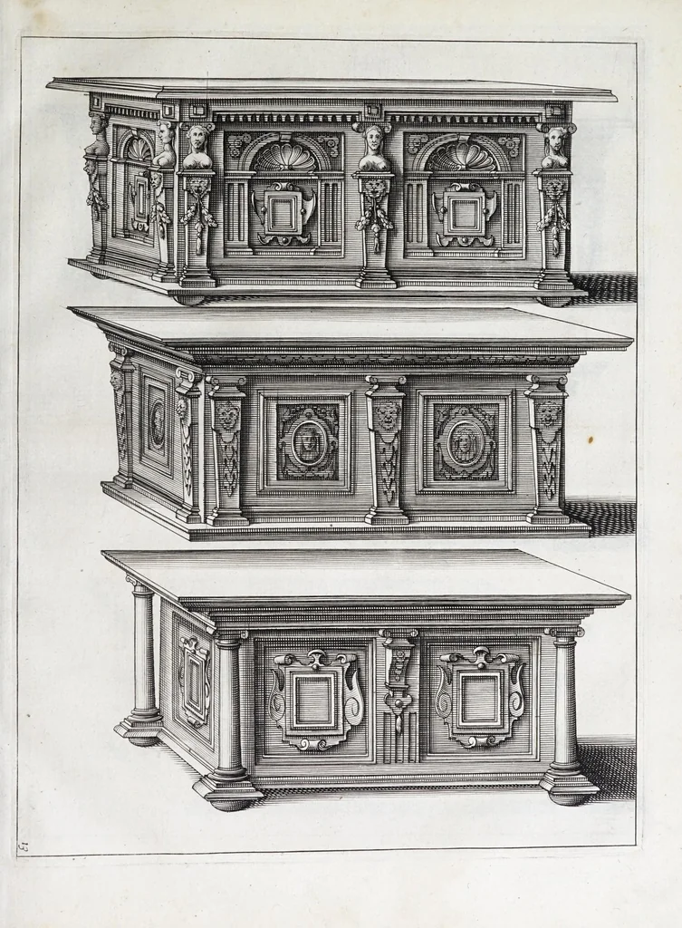 An illustration from Verscheyden schrynwerck, als portalen, kleerkassen, buffetten, ledikanten, tafels, kisten, stoelen, bancken, schabellen, hantdoex-rollen, glasborden en veel andre soorten van wercken, 1630, leaf 29
