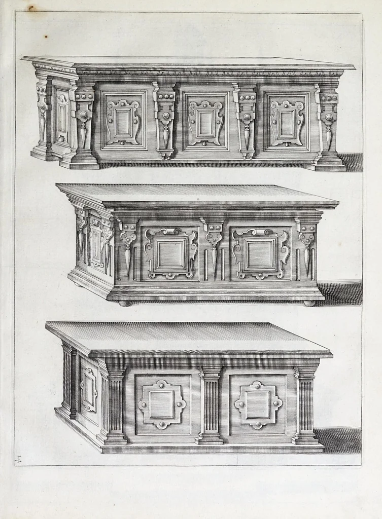 An illustration from Verscheyden schrynwerck, als portalen, kleerkassen, buffetten, ledikanten, tafels, kisten, stoelen, bancken, schabellen, hantdoex-rollen, glasborden en veel andre soorten van wercken, 1630, leaf 31