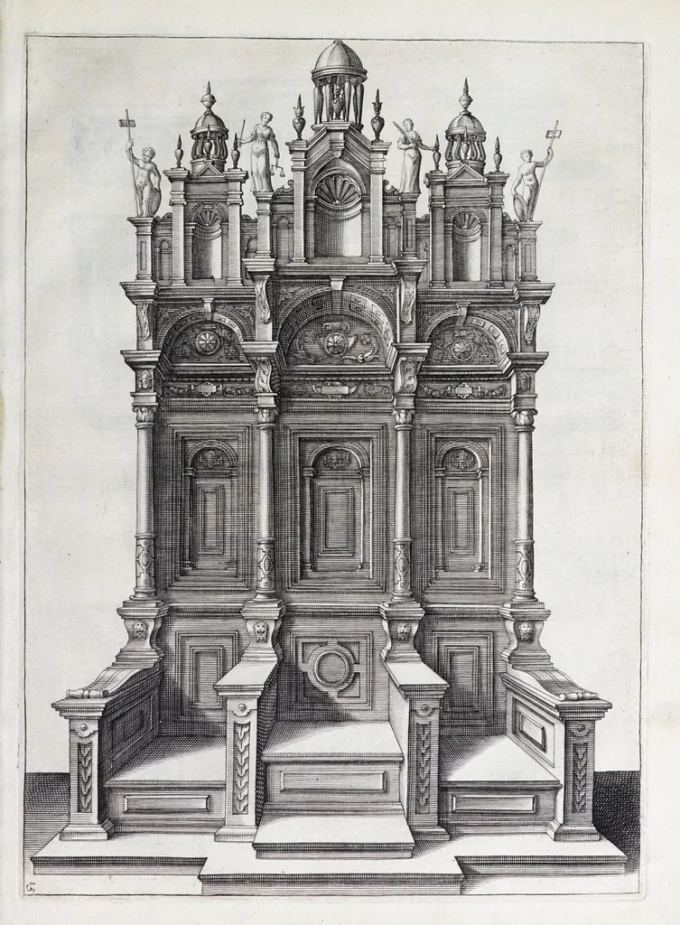 An illustration from Verscheyden schrynwerck, als portalen, kleerkassen, buffetten, ledikanten, tafels, kisten, stoelen, bancken, schabellen, hantdoex-rollen, glasborden en veel andre soorten van wercken, 1630, leaf 33