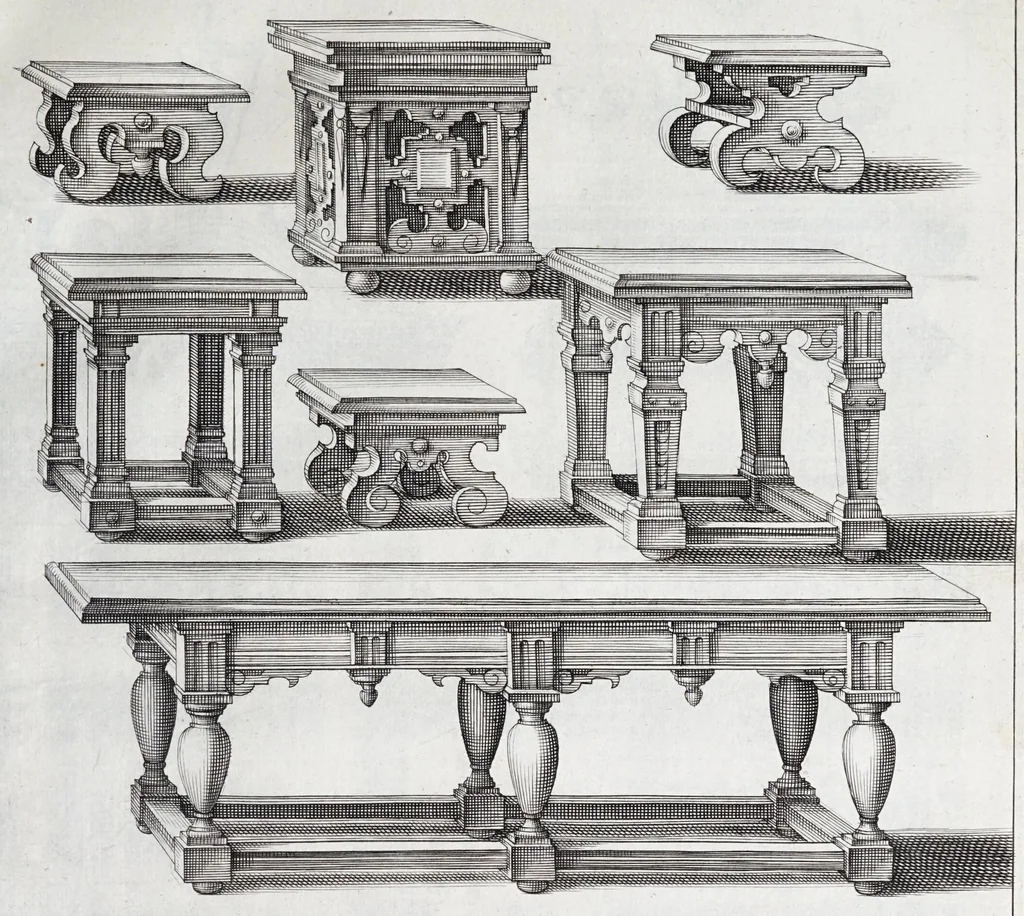An illustration from Verscheyden schrynwerck, als portalen, kleerkassen, buffetten, ledikanten, tafels, kisten, stoelen, bancken, schabellen, hantdoex-rollen, glasborden en veel andre soorten van wercken, 1630, leaf 35