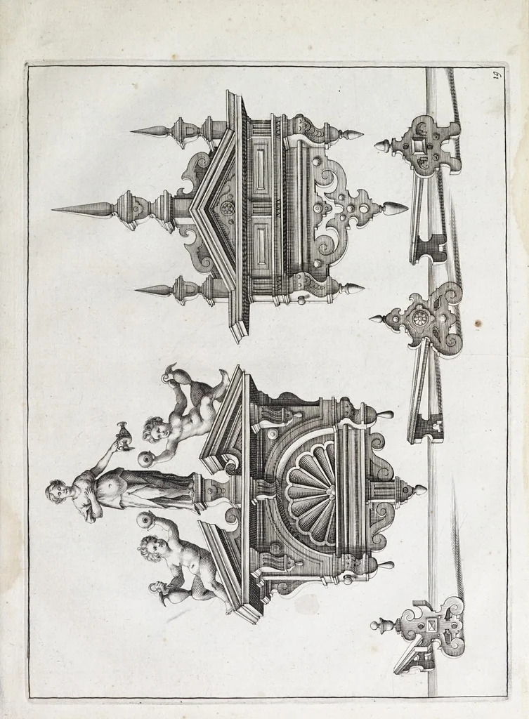 An illustration from Verscheyden schrynwerck, als portalen, kleerkassen, buffetten, ledikanten, tafels, kisten, stoelen, bancken, schabellen, hantdoex-rollen, glasborden en veel andre soorten van wercken, 1630, leaf 41