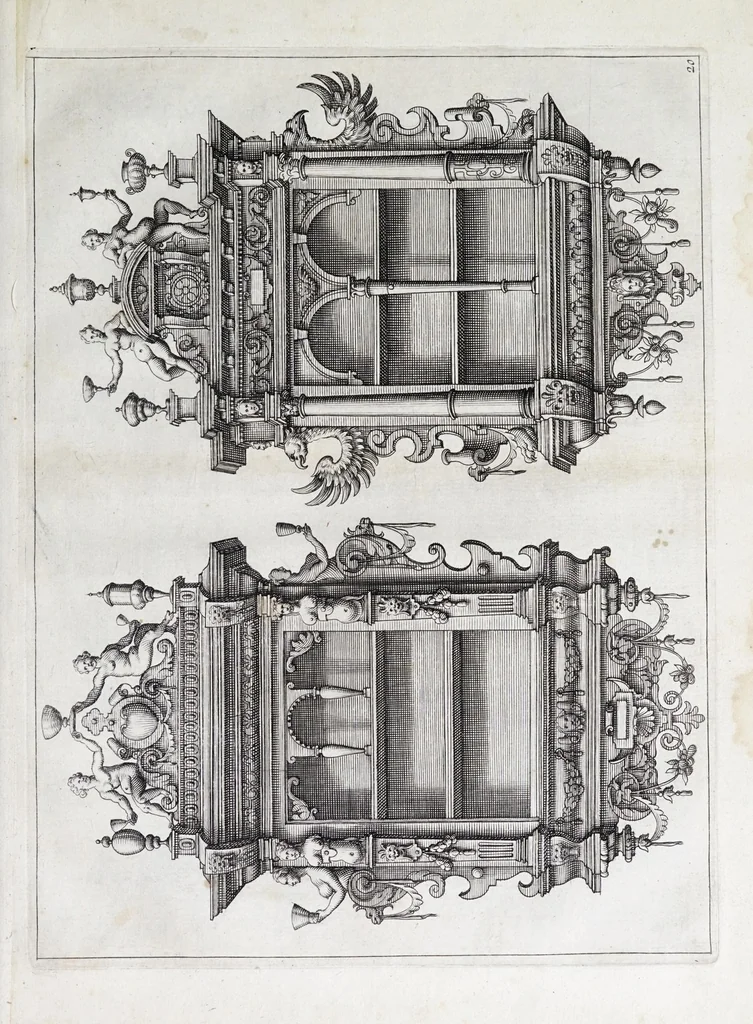 An illustration from Verscheyden schrynwerck, als portalen, kleerkassen, buffetten, ledikanten, tafels, kisten, stoelen, bancken, schabellen, hantdoex-rollen, glasborden en veel andre soorten van wercken, 1630, leaf 43
