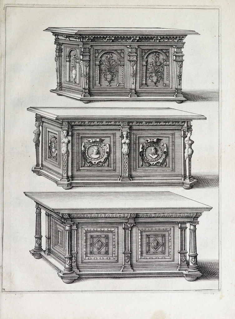 An illustration from Verscheyden schrynwerck, als portalen, kleerkassen, buffetten, ledikanten, tafels, kisten, stoelen, bancken, schabellen, hantdoex-rollen, glasborden en veel andre soorten van wercken, 1630, leaf 47