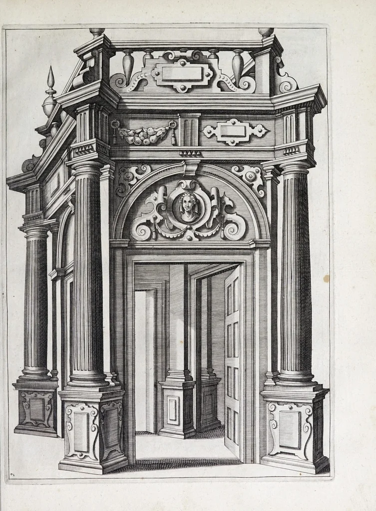 An illustration from Verscheyden schrynwerck, als portalen, kleerkassen, buffetten, ledikanten, tafels, kisten, stoelen, bancken, schabellen, hantdoex-rollen, glasborden en veel andre soorten van wercken, 1630, leaf 51