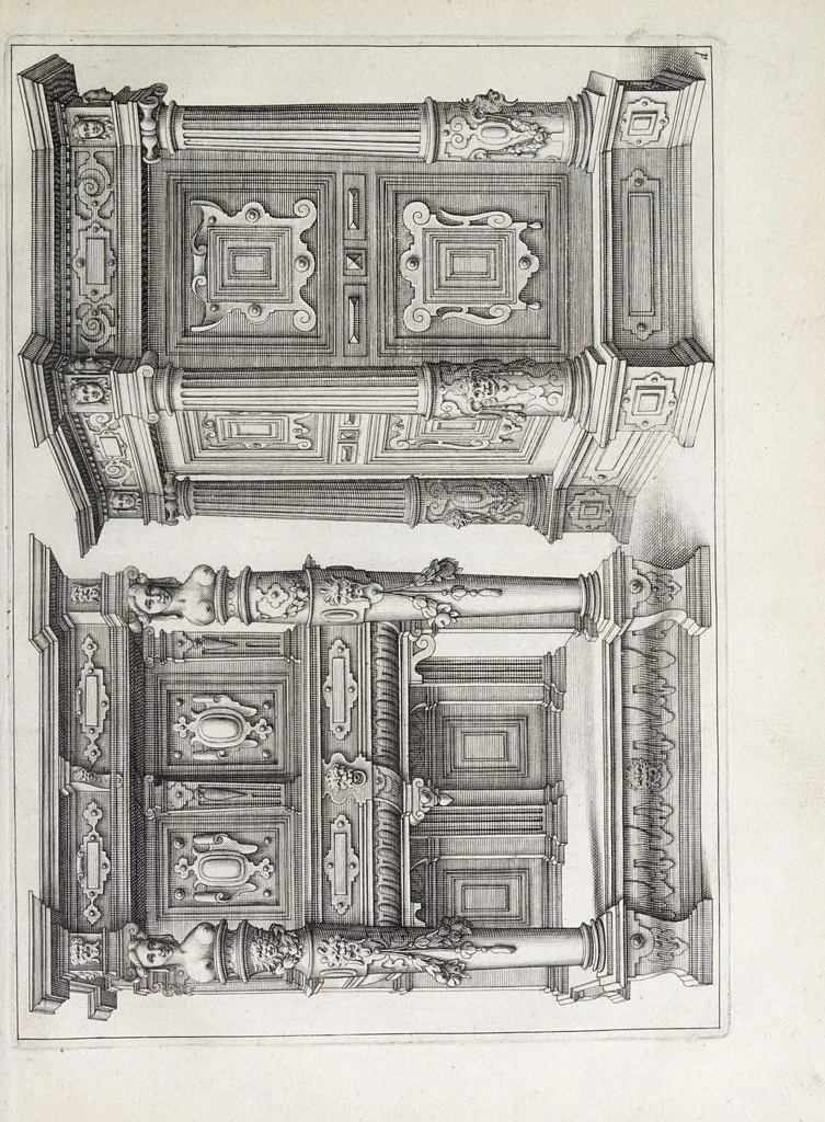 An illustration from Verscheyden schrynwerck, als portalen, kleerkassen, buffetten, ledikanten, tafels, kisten, stoelen, bancken, schabellen, hantdoex-rollen, glasborden en veel andre soorten van wercken, 1630, leaf 53