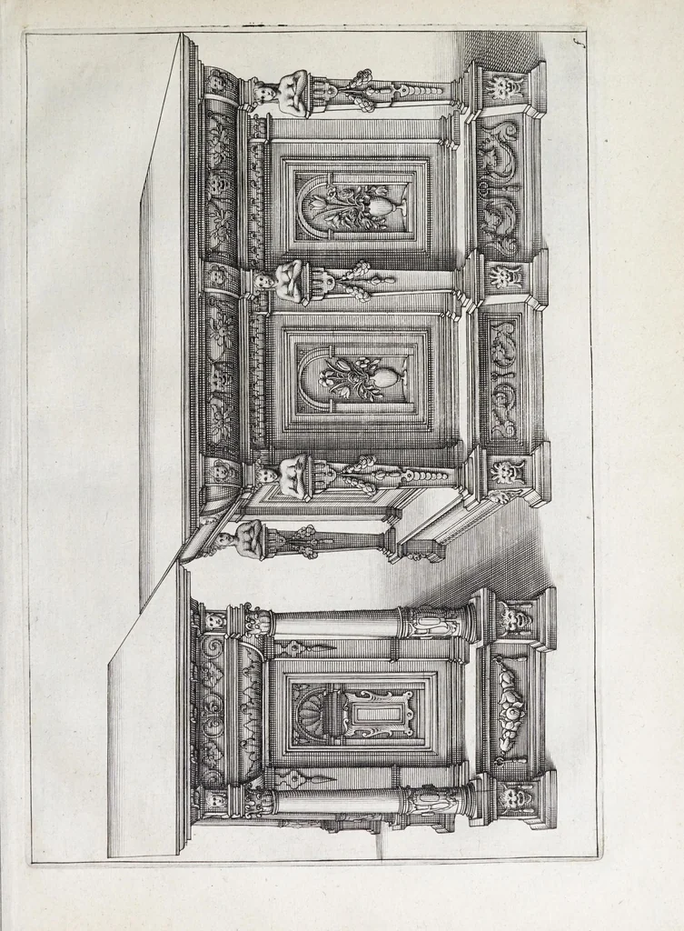 An illustration from Verscheyden schrynwerck, als portalen, kleerkassen, buffetten, ledikanten, tafels, kisten, stoelen, bancken, schabellen, hantdoex-rollen, glasborden en veel andre soorten van wercken, 1630, leaf 57