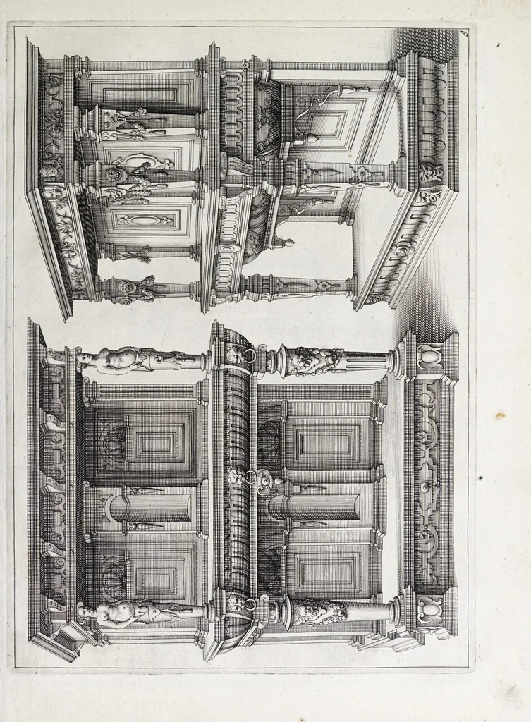 An illustration from Verscheyden schrynwerck, als portalen, kleerkassen, buffetten, ledikanten, tafels, kisten, stoelen, bancken, schabellen, hantdoex-rollen, glasborden en veel andre soorten van wercken, 1630, leaf 59