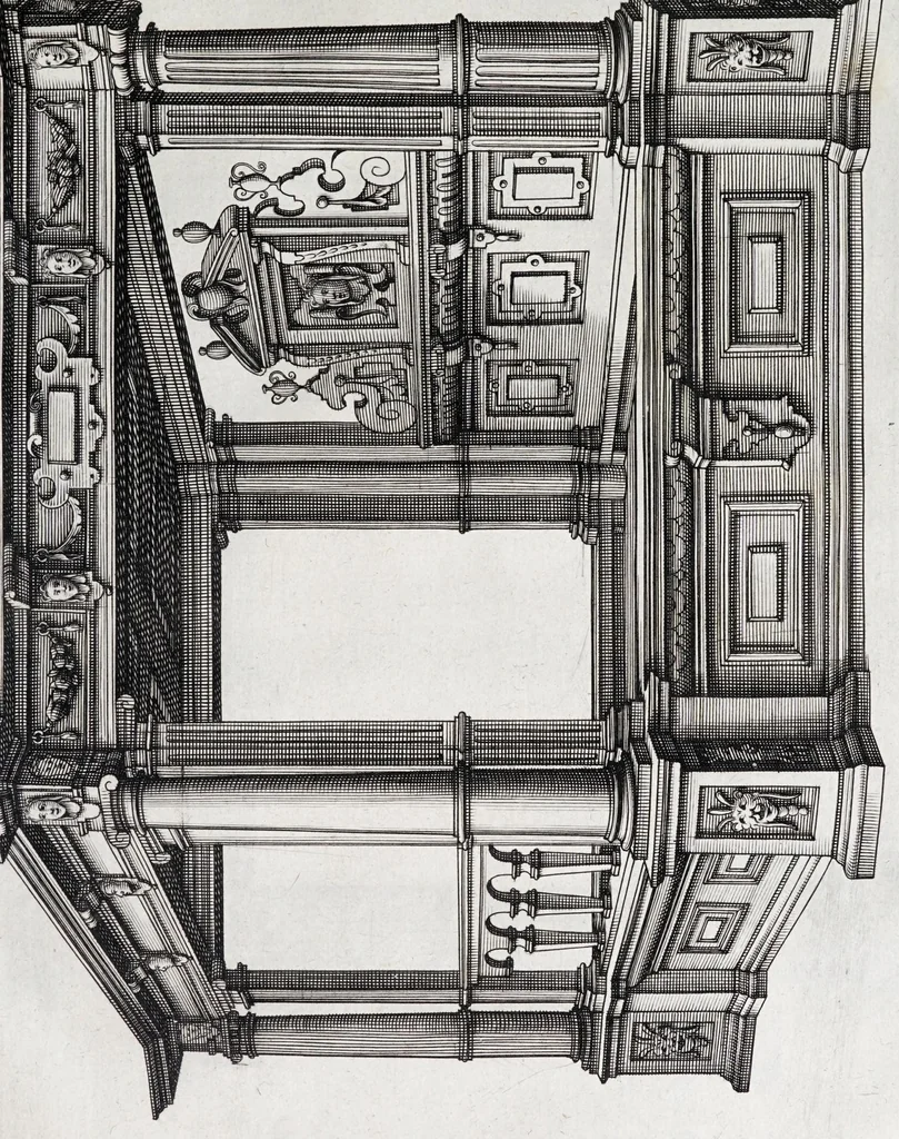 An illustration from Verscheyden schrynwerck, als portalen, kleerkassen, buffetten, ledikanten, tafels, kisten, stoelen, bancken, schabellen, hantdoex-rollen, glasborden en veel andre soorten van wercken, 1630, leaf 63
