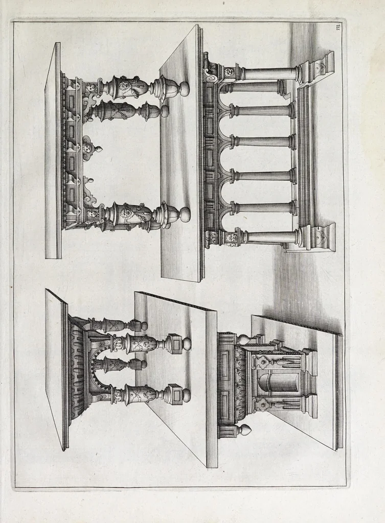 An illustration from Verscheyden schrynwerck, als portalen, kleerkassen, buffetten, ledikanten, tafels, kisten, stoelen, bancken, schabellen, hantdoex-rollen, glasborden en veel andre soorten van wercken, 1630, leaf 69