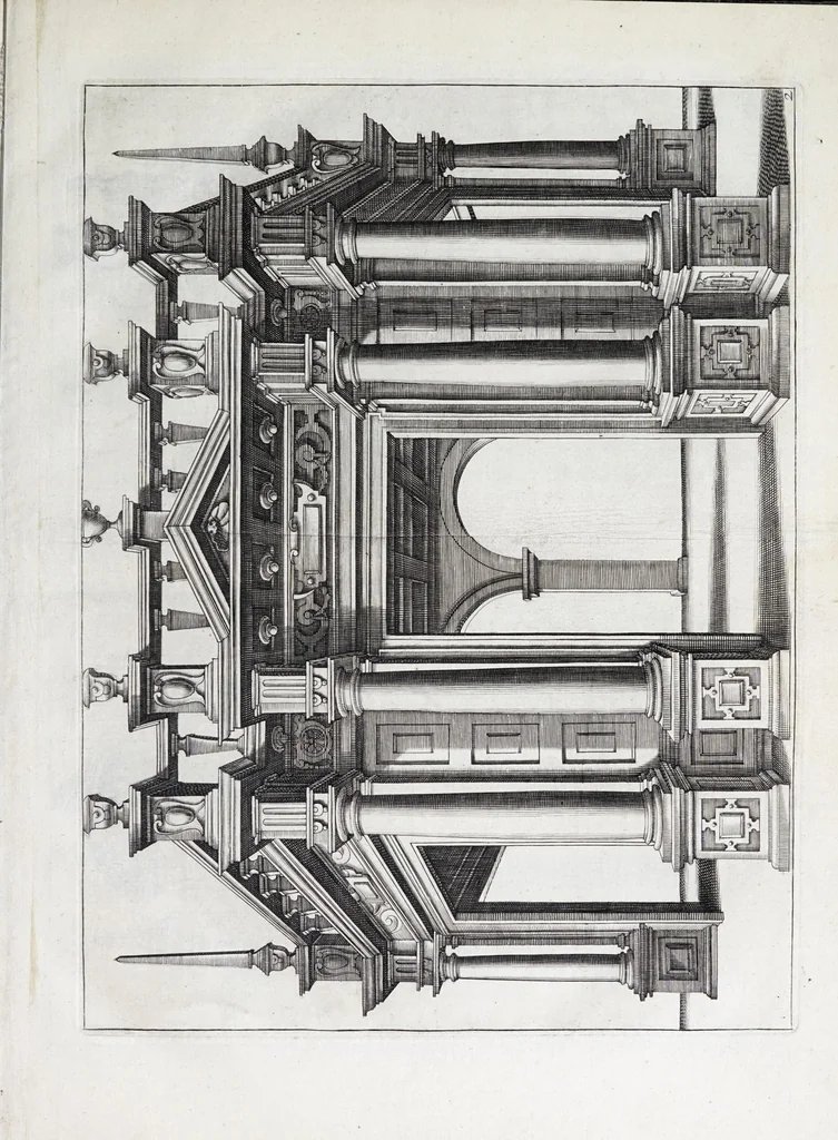 An illustration from Verscheyden schrynwerck, als portalen, kleerkassen, buffetten, ledikanten, tafels, kisten, stoelen, bancken, schabellen, hantdoex-rollen, glasborden en veel andre soorten van wercken, 1630, leaf 7