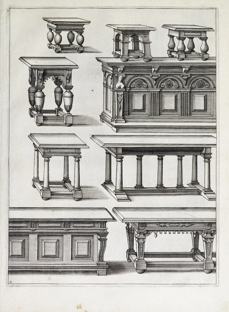 An illustration from Verscheyden schrynwerck, als portalen, kleerkassen, buffetten, ledikanten, tafels, kisten, stoelen, bancken, schabellen, hantdoex-rollen, glasborden en veel andre soorten van wercken, 1630, leaf 71