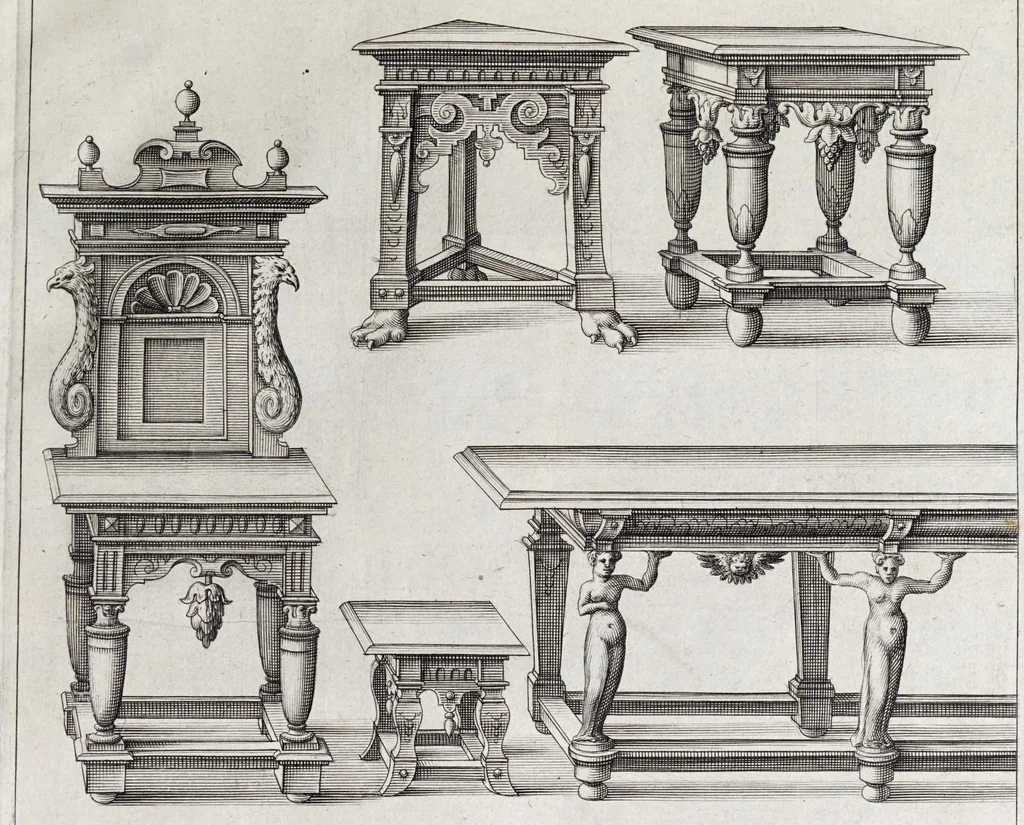 An illustration from Verscheyden schrynwerck, als portalen, kleerkassen, buffetten, ledikanten, tafels, kisten, stoelen, bancken, schabellen, hantdoex-rollen, glasborden en veel andre soorten van wercken, 1630, leaf 75