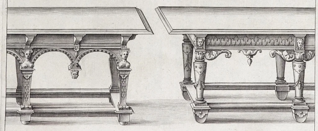 An illustration from Verscheyden schrynwerck, als portalen, kleerkassen, buffetten, ledikanten, tafels, kisten, stoelen, bancken, schabellen, hantdoex-rollen, glasborden en veel andre soorten van wercken, 1630, leaf 75